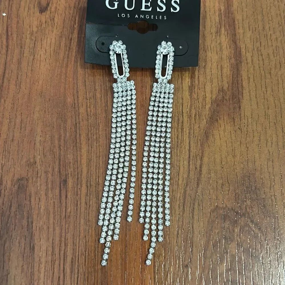 New Guess lightweight rhinestone dangle earrings fringe long